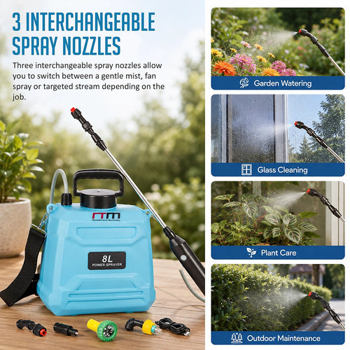 8L Battery Powered Garden Sprayer Electric Pressure Spray Tank with Extendable Wand for Watering, Fertiliser & Garden Care