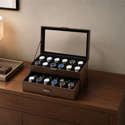Watch Box 24 Slot Display Case with Drawer & Clear Acrylic Lid