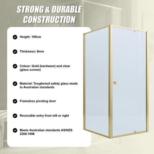 Adjustable Semi Frameless Shower Screen Front: (98~106)x195cm with Gold Hardware and Side: (98~101)x195cm