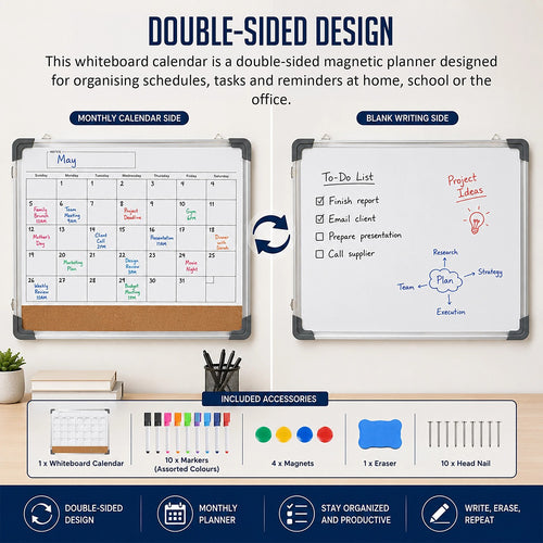 Magnetic Whiteboard Calendar 40x30cm Double Sided Planner