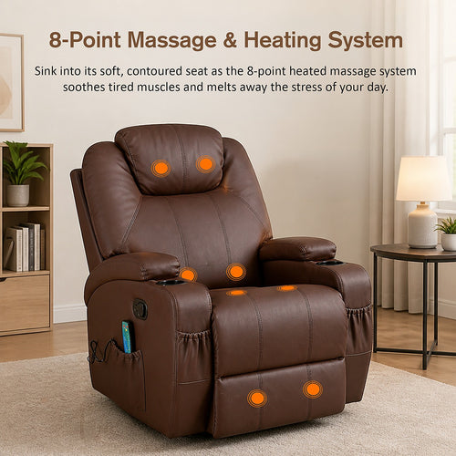 Heated Massage Chair – Brown PU Leather 360° Swivel Recliner