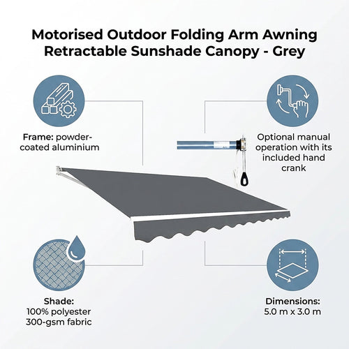 Automatic Retractable Awning 5.0 x 3.0m - Grey Outdoor Wall Sunshade