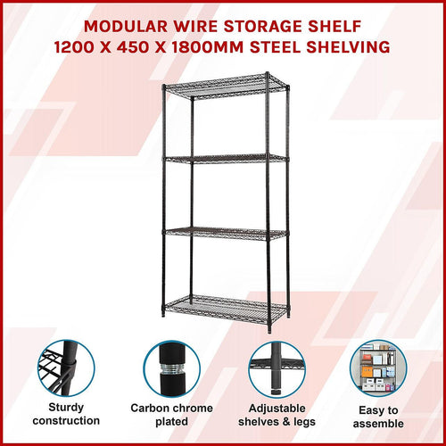 Modular Wire Storage Shelf 1200 x 450 x 1800mm Steel Shelving - Baking Black Technology
