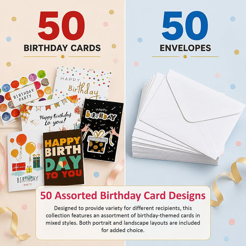 Birthday Card Set 50 Cards with 50 Envelopes Mixed Designs