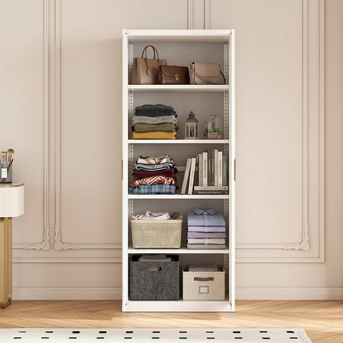 80x200cm 2-Door White Steel Shelf Wardrobe with Gold Handle Storage Cabinet
