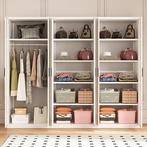 240x200cm 6-Door White Steel 1 Hanging and 2 Shelf Wardrobe with Black Handle Storage Cabinet