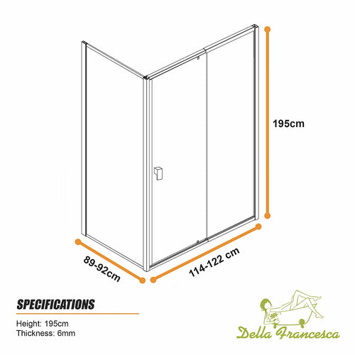 Semi-Frameless Shower Screen – Gunmetal, Front: (114~122)x195cm, Side: (89~92)x195cm