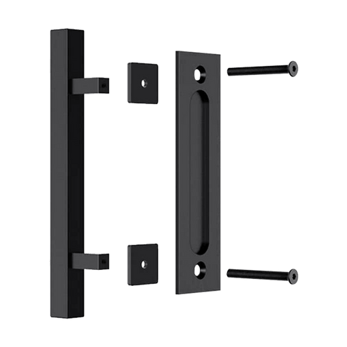 12" Square Pull and Flush Door Handle Set Black Barn Door Hardware