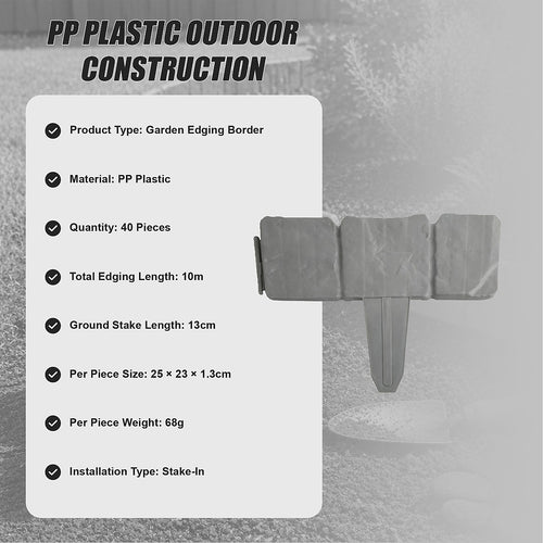 Garden Edging Border 10m 40 Pack Stone-Look PP Plastic Stakes