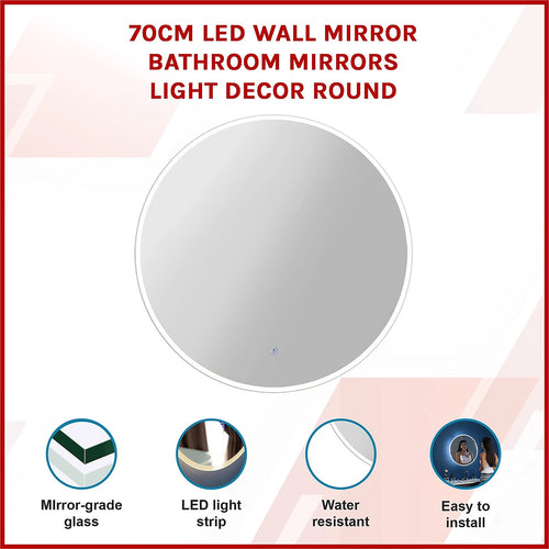 70cm Round LED Bathroom Vanity Mirror – Wall-Mounted with Touch Sensor & Colour Temp Control