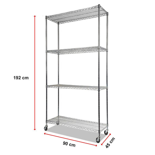 Modular Wire Storage Shelf 900 x 450 x 1800mm Steel Shelving - Carbon Chrome Plated with Wheels