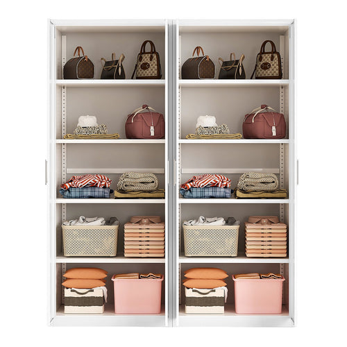 160x200cm 4-Door White Steel Shelf Wardrobe with White Handle Storage Cabinet