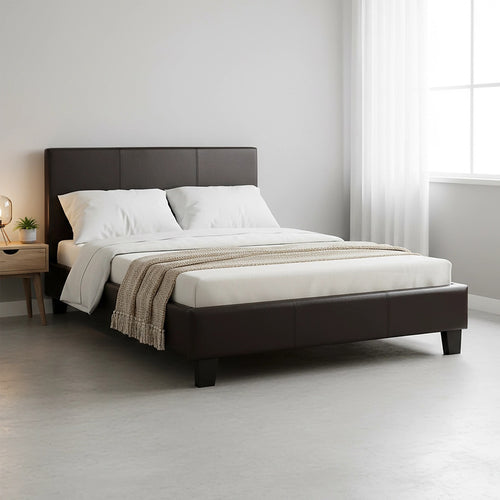 King Single Size Bed Frame with Headboard – Brown PU Leather