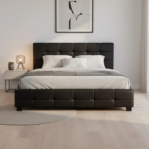 Double Deluxe Black PU Leather Upholstered Bed Frame with Headboard & Slats