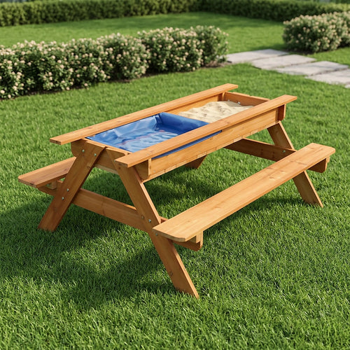 Sand & Water Wooden Picnic Table – Outdoor Play Activity Table for Kids with Bench Seating