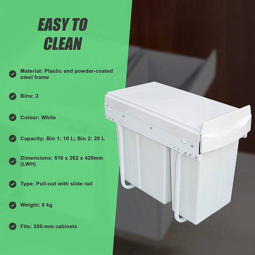 Kitchen Double Slide Pull Out Bin for Garbage Rubbish Waste 10L+20L