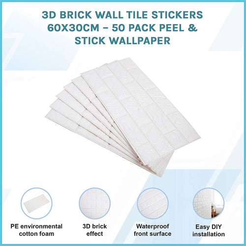 3D Brick Wall Tile Stickers 60x30cm – 50 Pack Peel & Stick Wallpaper Panels for Home Décor