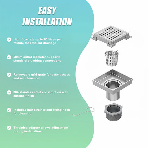 10 x 10cm Square Shower Drain with Grid Pattern Grate – Chrome Stainless Steel