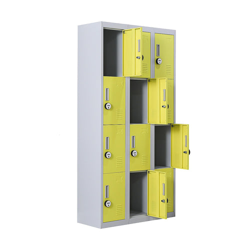 12-Door Steel Locker – Grey with Yellow Door, 4-Digit Combination Lock