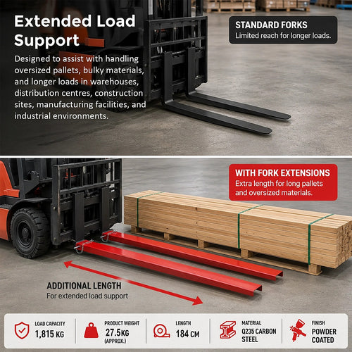 184cm Heavy Duty Forklift Fork Extensions – Carbon Steel Pallet Fork Attachments with Safety Retaining Pins