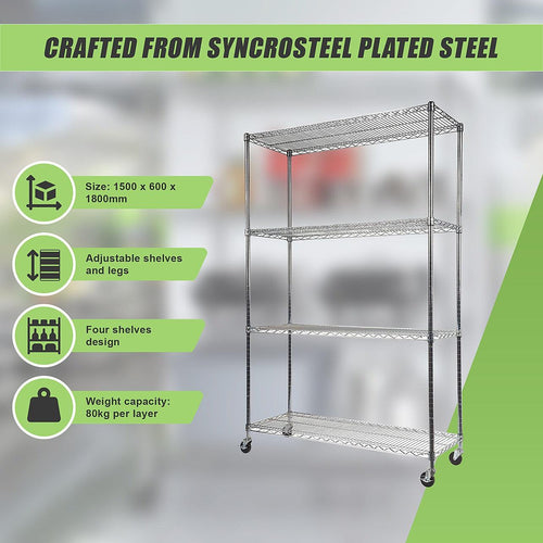 Modular Wire Storage Shelf 1500 x 600 x 1800mm Steel Shelving - Carbon Chrome Plated with Wheels