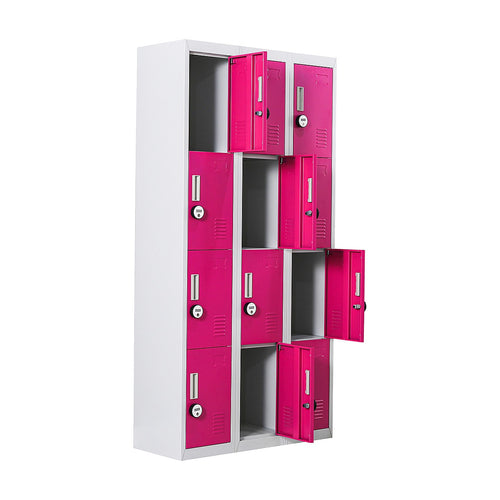 12-Door Steel Locker – Grey with Pink Door, 4-Digit Combination Lock