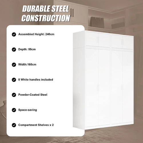 160x240cm 4-Door White Steel Shelf Wardrobe with White Handle Storage Cabinet