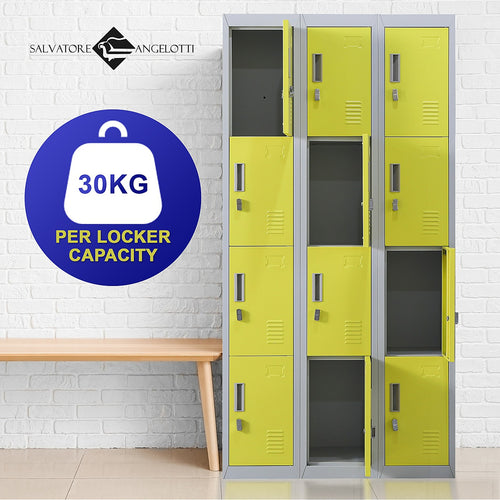 12-Door Locker – Grey with Yellow Door with Padlock-operated | Secure Storage for Office, Gym or School Use
