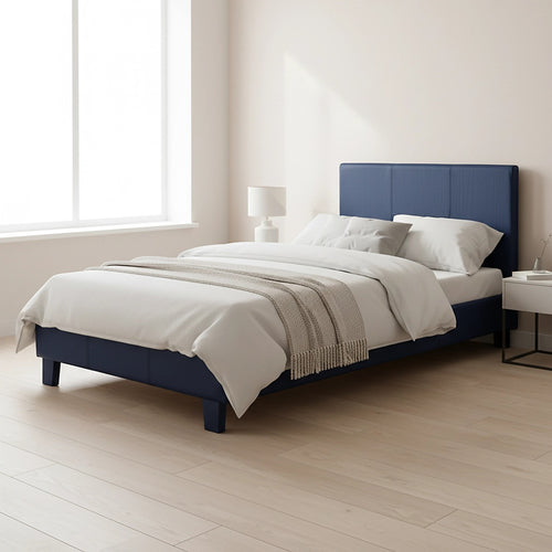 Single Size Bed Frame with Headboard – Blue PU Leather