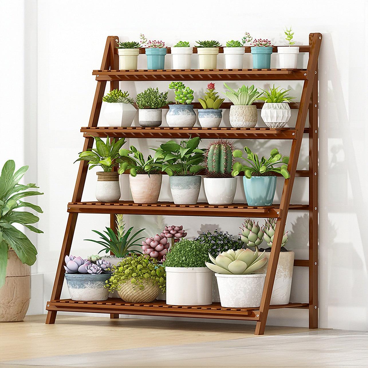 bamboo rack for plants Plant Stand Outdoor Indoor Garden Wood Bamboo Shelf Folding 100CM Length