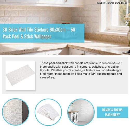 3D Brick Wall Tile Stickers 60x30cm – 50 Pack Peel & Stick Wallpaper Panels for Home Décor