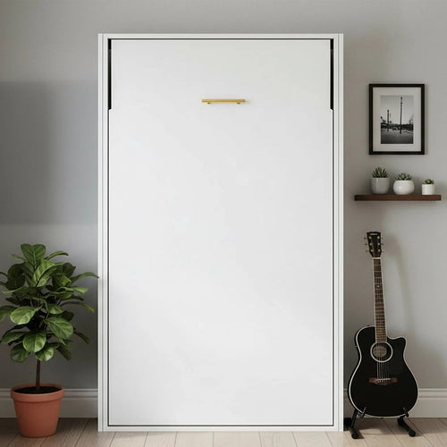 King-single Wall Bed in White Gloss – Space Saving Murphy Bed Kit with Gold Door Handle