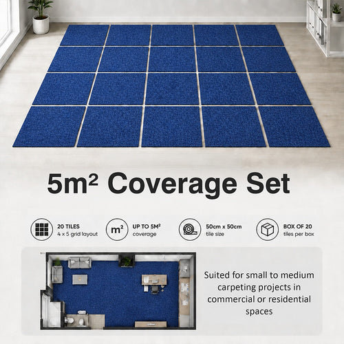 Carpet Tiles – Pack of 20 Blue Squares Covering Up to 5m²