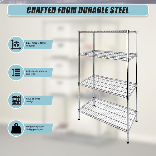 Modular Wire Storage Shelf 1200 x 450 x 1800mm Steel Shelving - Carbon Chrome Plated