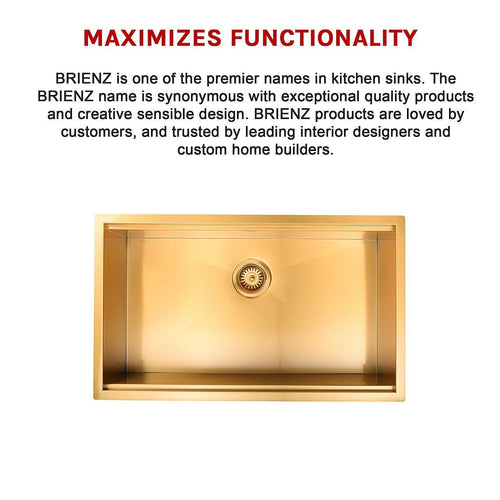 BRIENZ 32-inch Nano Workstation Ledge Undermount 16 Gauge Stainless Steel Kitchen Sink Single Bowl in Gold with sand-finish
