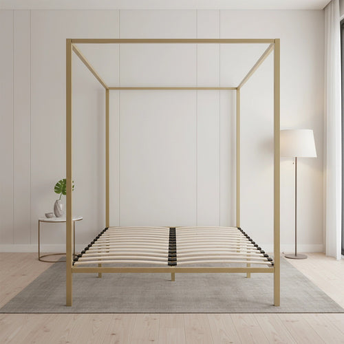 4-Poster Queen Bed Frame – Sturdy Gold Modern Canopy Bed for Bedroom