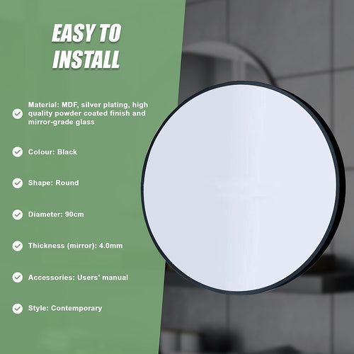 90cm Round Wall Mirror Bathroom Makeup Mirror by Della Francesca - Black