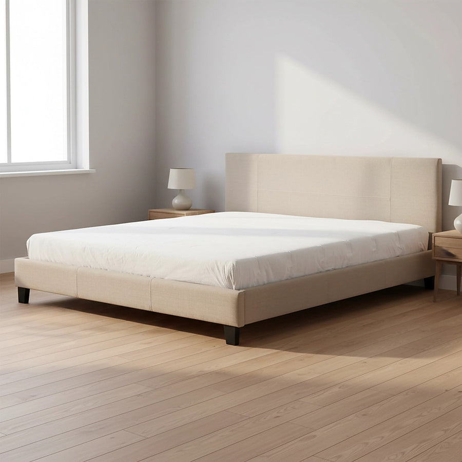 King Size Bed Frame with Headboard – Beige Linen Fabric