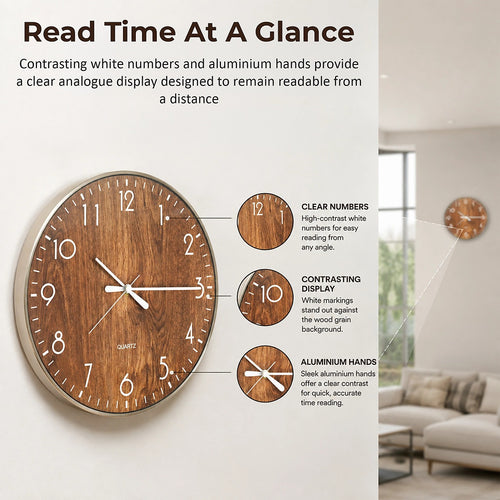14-inch Round Wall Clock Silent Non-Ticking Quartz Battery Operated Wood Grain