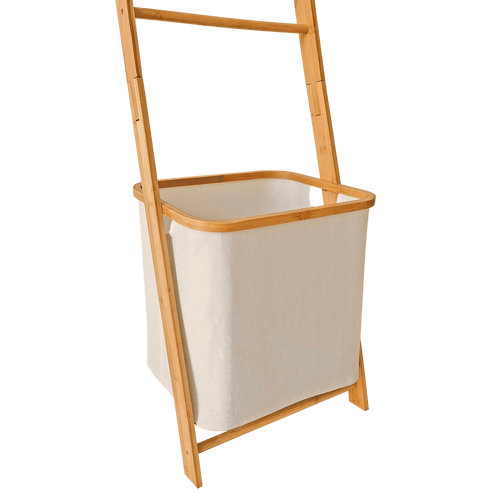 Wall Leaning Ladder Shelf with Laundry Basket Clothes Hamper Bath Towel Rack