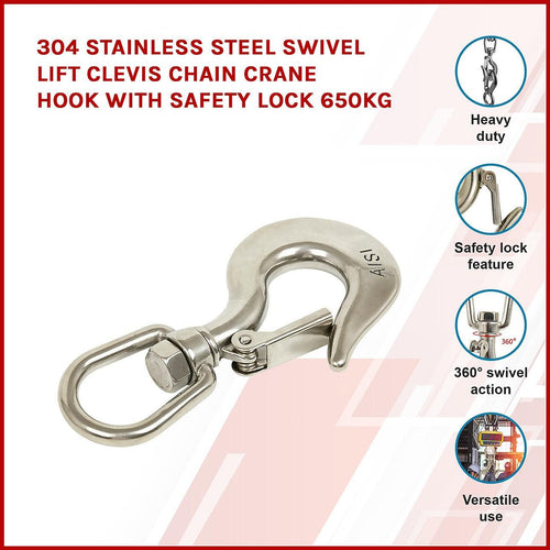 304 Stainless Steel Swivel Lift Clevis Chain Crane Hook with Safety Lock 650kg