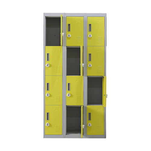 12-Door Steel Locker – Grey with Yellow Door, 3-Digit Combination Lock