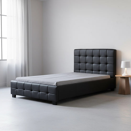 King Single Deluxe Black PU Leather Upholstered Bed Frame with Headboard & Slats