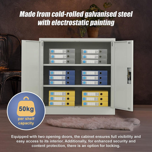 Two-Door Metal Short Cabinet Shelf Storage for Home Office Gym - Grey without Legs