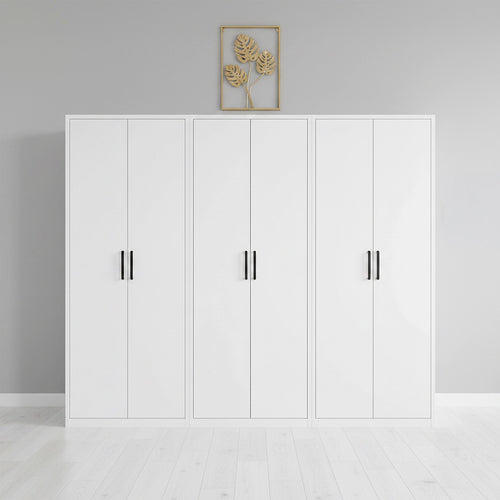 240x200cm 6-Door White Steel 2 Hanging and 1 Shelf Wardrobe with Black Handle Storage Cabinet