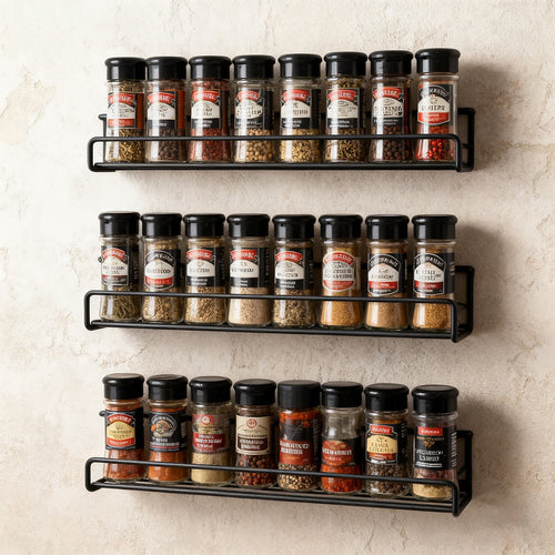 4pc Black Stainless Steel Wall Spice Rack – Modern Kitchen Storage Shelf Set