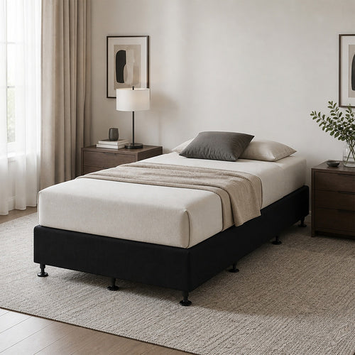 King Single Slatted Ensemble Bed Base - Black Linen Breathable Cover