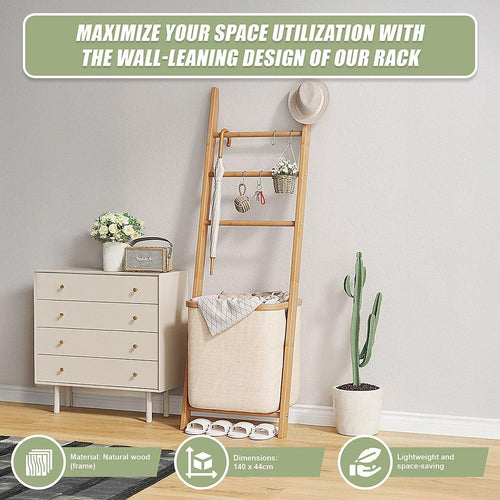 Wall Leaning Ladder Shelf with Laundry Basket Clothes Hamper Bath Towel Rack