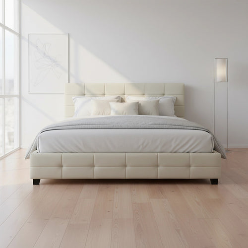 King Deluxe White PU Leather Upholstered Bed Frame with Headboard & Slats