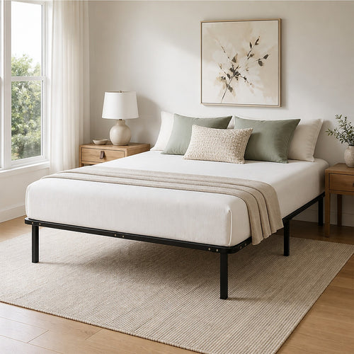 Metal Bed Frame for Queen Mattress – Black Powder-Coated Steel Base